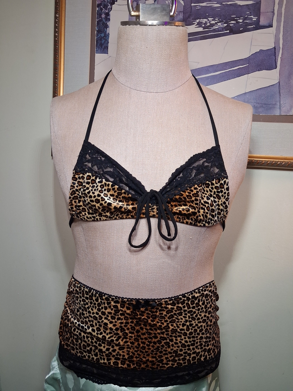 Two Piece Leopard/Black Lace Bikini Set